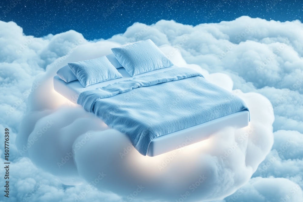 Wall mural bed is floating in the sky with clouds surrounding it
