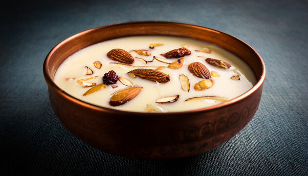 sweet rabdi or lachha rabri or basundi made with pure milk garnished with dry fruits served in a bowl over moody background selective focus