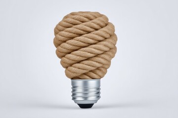 Creative light bulb: rope design with metal base against plain background