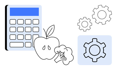 Calculator, apple, broccoli, and gears as visual elements emphasizing nutrition planning, food analysis, health management, and process optimization. Ideal for health apps, fitness diet planning