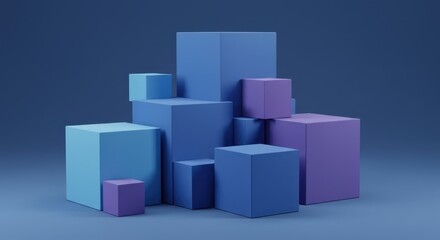 Arrangement of blue and purple cubes of varying sizes stacked against a blue background