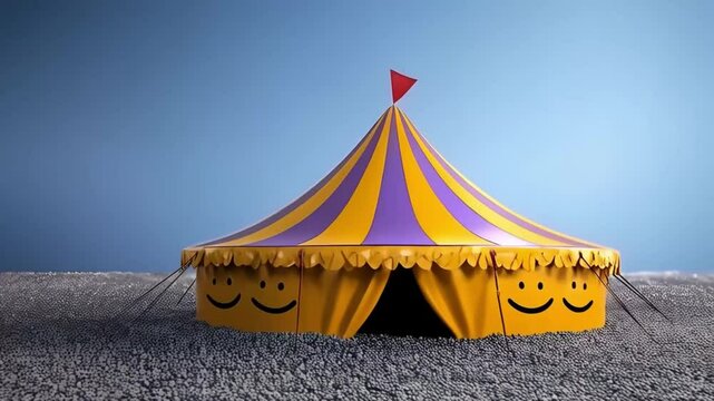 Colorful circus tent with smiling faces under a clear blue sky, surrounded by floating balloons