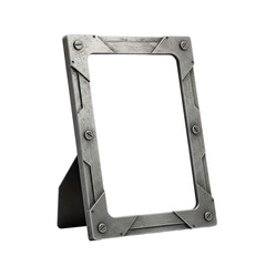 Industrial-style picture frame, metal construction with bolts, stands at slight angle