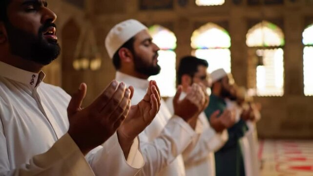 Muslim Men in Prayer at Mosque: A Scene of Devotion and Faith