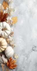 Autumnal Decor Arrangement With White Pumpkins And Fall Leaves