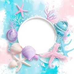 Empty white circle frame surrounded by pastel seashells and starfish.