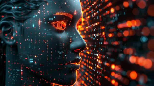 Digital female face with glowing circuit patterns and binary code visuals