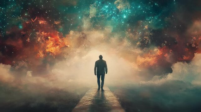 Man walking on a path towards a cosmic gateway of stars and nebula
