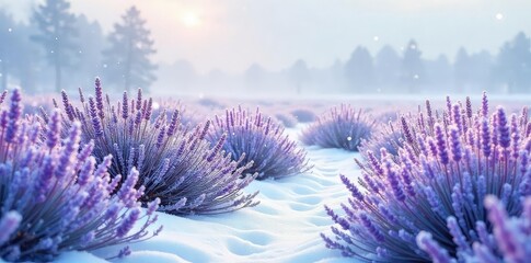 A snowy landscape infused with the calming purple hues of lavender fields, a serene winter scene Frozen lavender sprigs add a touch of color to the crisp, white snow , cold, outdoor