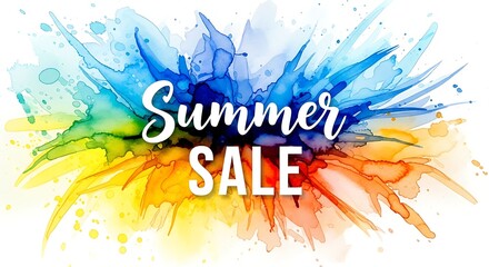 Summer Sale Watercolor Burst: Abstract Splashes of Yellow, Green, Blue & Orange Creating a Dynamic Festive Design Promoting Seasonal Savings and Retail Therapy for Creative Commercial Use