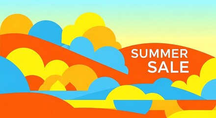 Summer Sale Promo: Colorful Abstract Geometric Landscape Display, with Bright Yellow, Blue, and Orange Shapes Against a Gradient Sky Background Design.