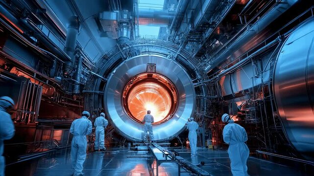 Scientists examine a large particle accelerator experiment with bright light