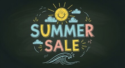 Whimsical Summer Sale Chalkboard Announcement: Smiling Sun, Clouds, Ocean Waves, Colorful Lettering Promoting Seasonal Discounts and Savings, Hand-Drawn Style on a Dark Background.