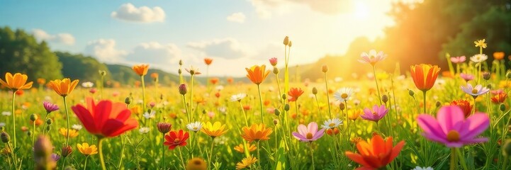 Naklejka premium A sun-drenched field of vibrant wildflowers swaying gently in a summer breeze, radiating joy and serenity Perfect for themes of optimism, well-being, and carefree living , summer, positive