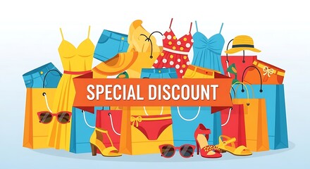 Fashion Apparel & Accessories Shopping Spree Under "Special Discount" Banner, Illustrated Style