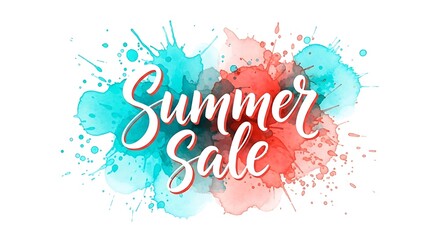 Watercolor Summer Sale Promotion: Elegant Calligraphy on Vibrant Blue-Red Splatter for Marketing Banners and Social Media