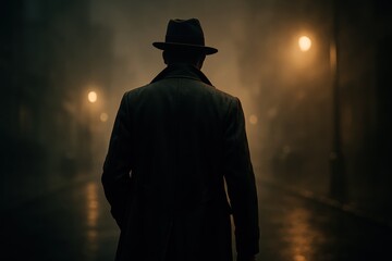 Back View of a Detective Walking, Creating a Mysterious and Suspenseful Thriller Movie Scene