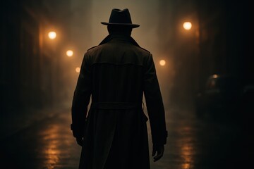 Back View of a Detective Walking, Creating a Mysterious and Suspenseful Thriller Movie Scene