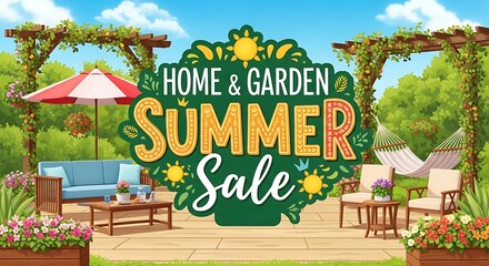 Home & Garden Summer Sale Promo Scene: Cozy Patio with Furniture, Flowers, Hammock and Shade under Sunny Blue Sky, Outdoor Living, Vector Illustration