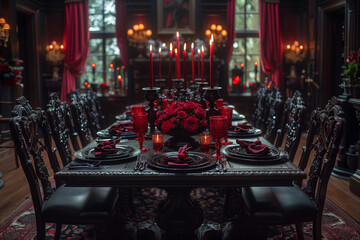 Elegant gothic dining room with candlelight and red decor