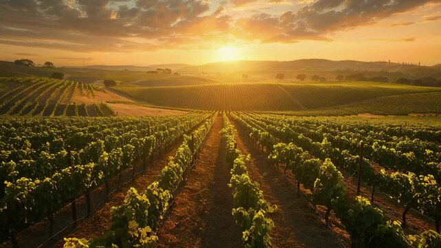 Golden sunset over vineyard rows in rolling hills agricultural landscape