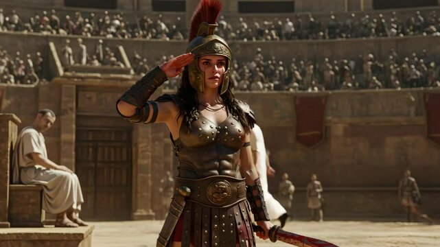 Roman-style gladiatrix saluting the crowd with sword raised