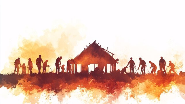 Silhouette illustration of people working together to build a structure.