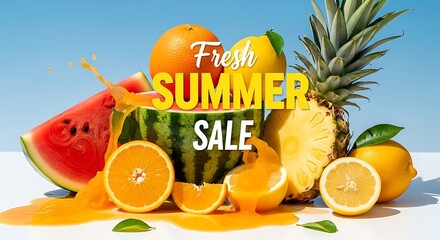 Fresh Summer Sale Promo: Juicy Watermelon, Pineapple, Oranges & Lemons with Bursting Citrus Splash Displayed against Sky Blue Backdrop on White Tabletop; Vibrant, Tropical, Delicious, Summery
