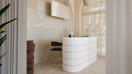 3D render of a serene modern reception and stylish workspace with white curved desk, arched wall niche, indoor plants, and natural stone textures. Minimalist design with warm light and earthy tones.