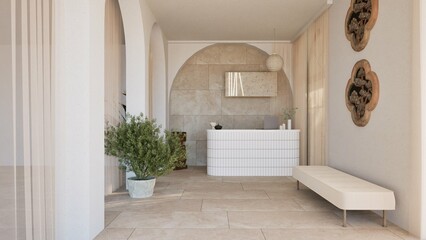3D render of a serene modern reception area with white curved desk, arched wall niche, indoor plants, and natural stone textures. Minimalist design with warm light and earthy tones.