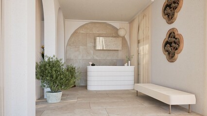 3D render of a serene modern reception area with white curved desk, arched wall niche, indoor plants, and natural stone textures. Minimalist design with warm light and earthy tones.