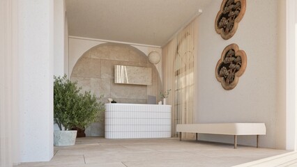 3D render of a serene modern reception area with white curved desk, arched wall niche, indoor plants, and natural stone textures. Minimalist design with warm light and earthy tones.