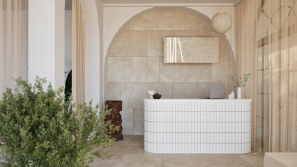 3D render of a serene modern reception area with white curved desk, arched wall niche, indoor plants, and natural stone textures. Minimalist design with warm light and earthy tones.
