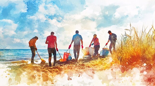 Volunteers collecting trash on a beach.