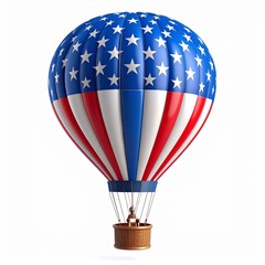 3D cartoon-style hot air balloon decorated with stars and stripes in red, white, and blue, floating...