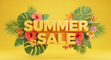 Bold Summer Sale Render, Featuring 3D Text Surrounded by Tropical Foliage and Vibrant Hibiscus & Orchid Flowers on a Sunny Yellow Backdrop, Inviting Seasonal Deals