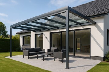 Naklejka premium Contemporary Aluminum Veranda Extension with Glass Roof and Seamless Integration with Modern Home Architecture