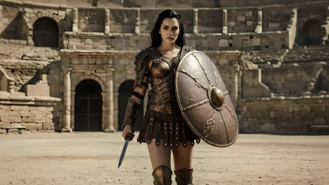 Determined gladiatrix standing poised before the crowd with round shield