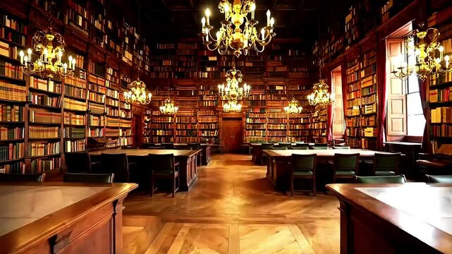 Grand Library Zoom Background  Antique Bookshelves, Rich Wood, and Crystal Chandeliers, Generative AI