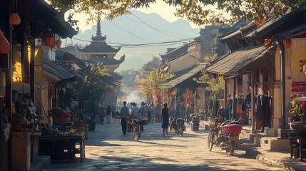 Obraz premium Bustling market street with people and scenic backdrop