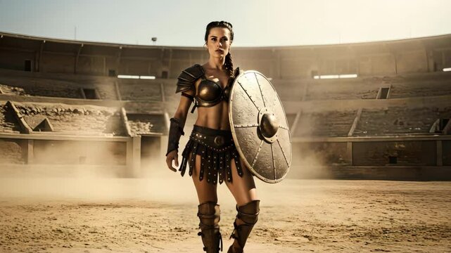 Armored female gladiator walking into dusty arena with shield and sword