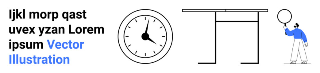 Clock emphasizing time, placeholder for text, modern table, individual holding speech bubble for communication. Ideal for time management, modern design, teamwork, tasks, deadlines creativity