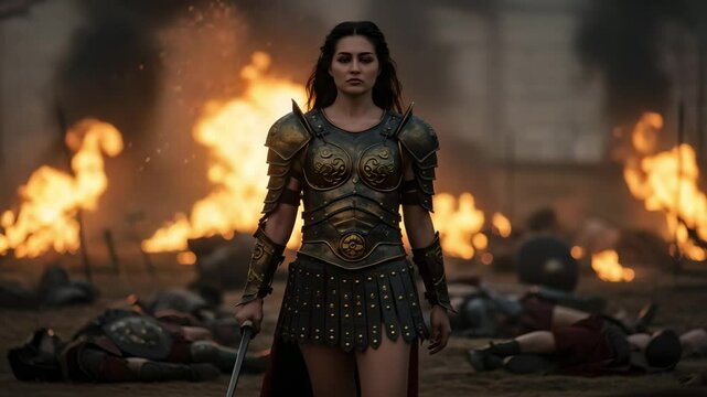 Battle-hardened gladiatrix standing firm amidst burning battlefield