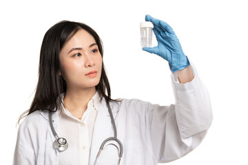 Asia doctor hand wear blue gloves holding liquid base cytology set isolate on white background.Gynecologist working for vaginal and cervix pap smear patient in the obstetrics and gynecology department