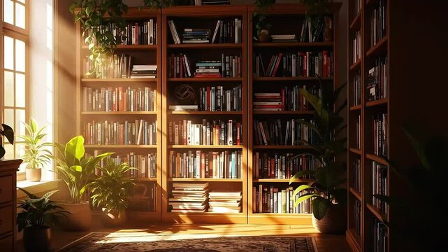 Sunlit Library Bookcase Zoom Background Peaceful Study Room Video, Generative AI