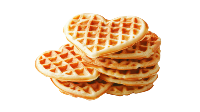 Illustration of heart shaped waffles stacked with golden crispy texture, perfect for breakfast, dessert, and romantic meal themes, isolated on white background