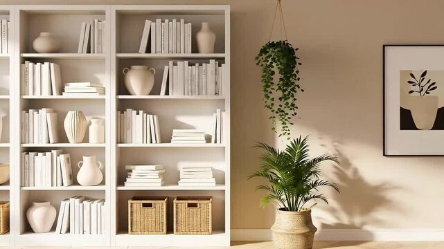 Serene Minimalist Bookshelf Zoom Background  Neutral Tones and Natural Elements, Generative AI