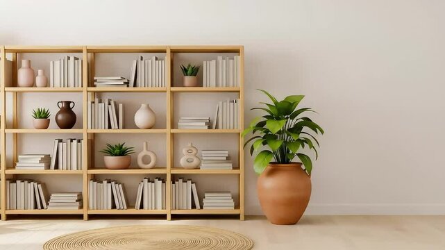 Modern Bookshelf Zoom Background Minimalist Home Office Virtual Meeting, Generative AI