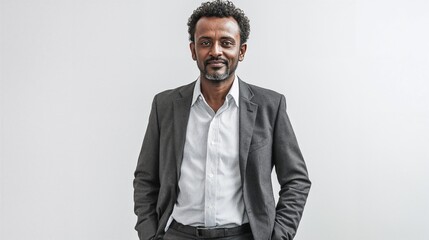 Portrait of a mature Ethiopian man wearing a dark gray suit and light shirt against a white background, expressing professionalism, confidence, and elegance.