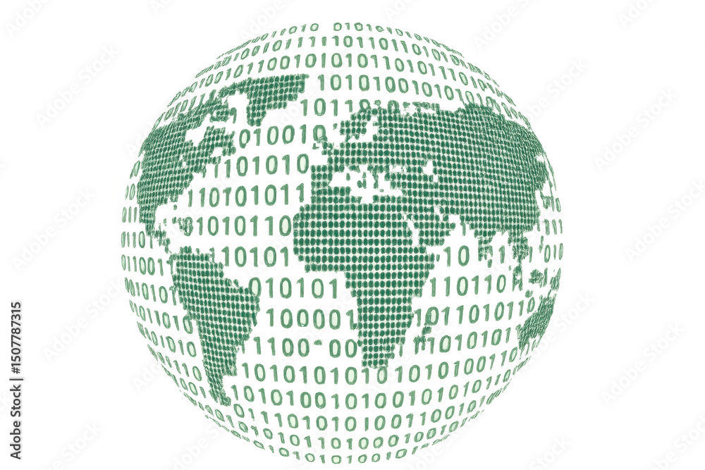 Poster Rotating green digital globe generating streams of binary code against a transparent background, symbolizing advanced technology and global connectivity